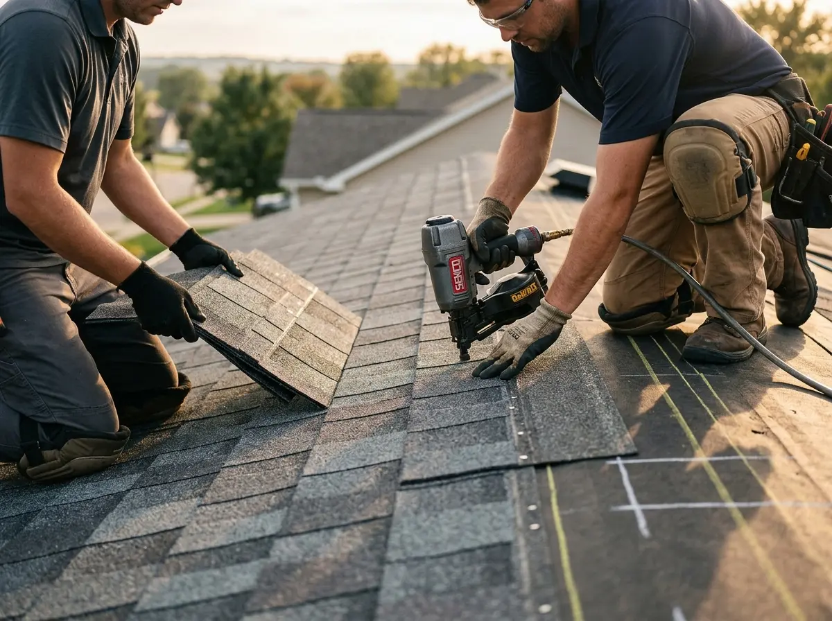 Professional roofer working on a residential roof in Prairie Village